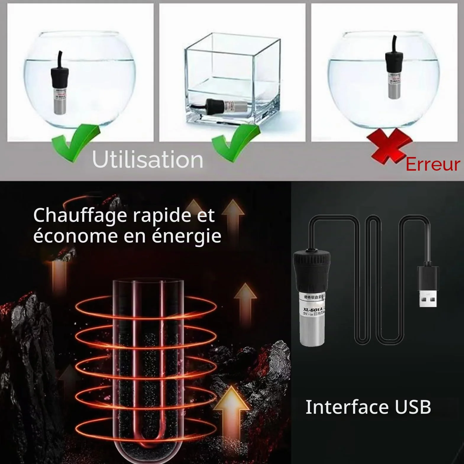 Bâton chauffant d'aquarium USB 5 W, chauffage d'aquarium avec design de sécurité robuste, contrôle automatique de la température, chauffage d'aquarium, conçu pour les petits aquariums d'eau salée et