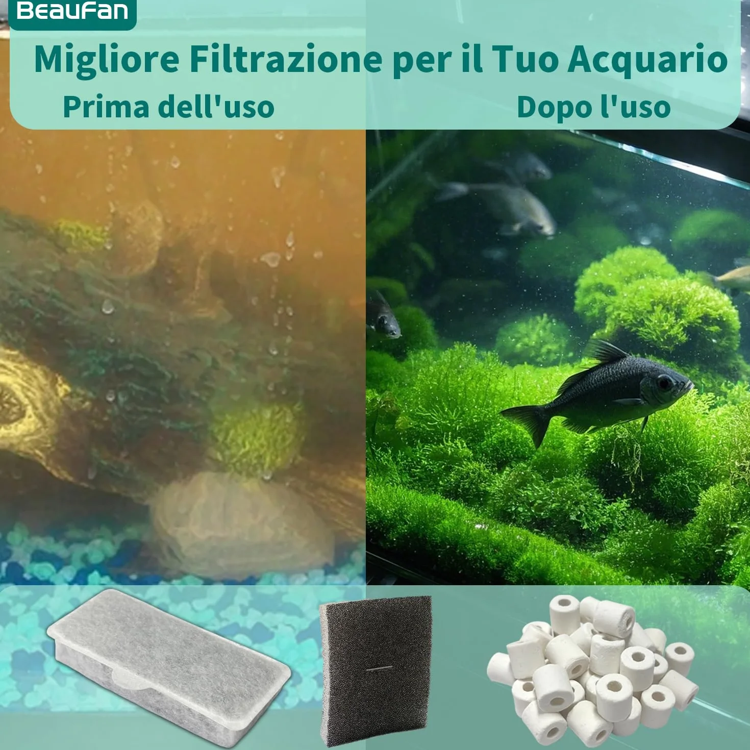 Kit de filtres d'aquarium compatible avec Askoll Pure M-L-XL, 200g anneaux céramique, 4 éponge, 10 charbon actif