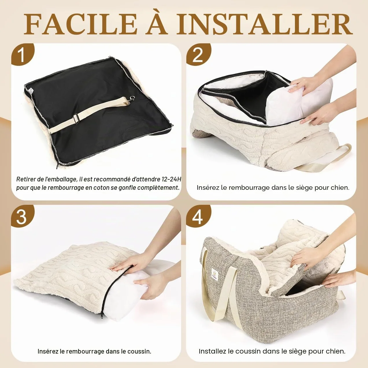 Siège d'Auto pour Petit Chien avec Boucle de Fixation et Laisse de Sécurité, Sac de Transport Rembourré jusqu'à 25 Livres, Brun + Beige