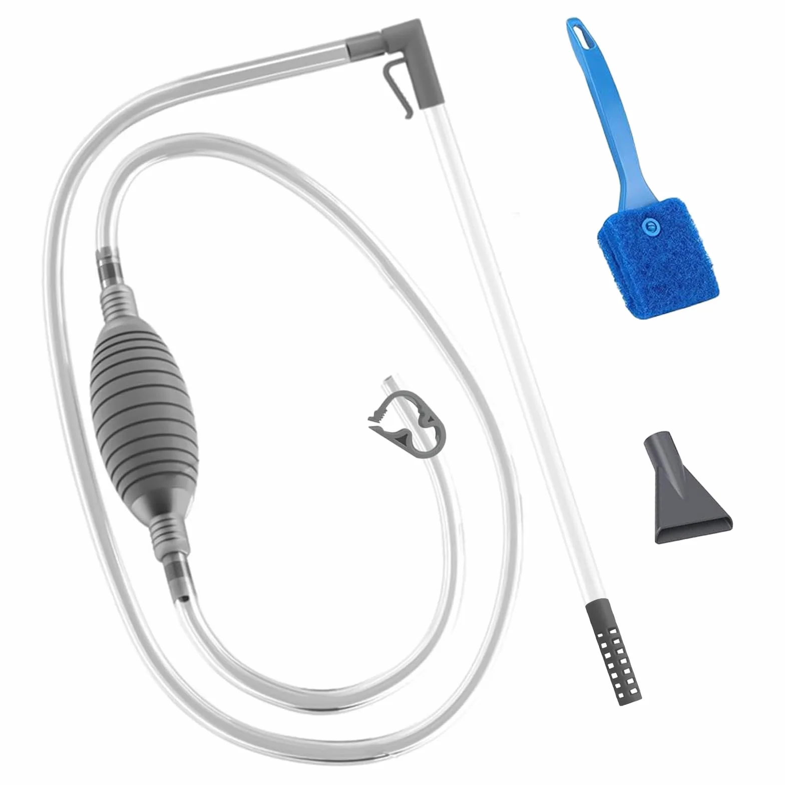 Aspirateur Aquarium, Nettoyage Aquarium avec 1 Brosse de Nettoyage Bleue Siphon pour Vidange Complète pour Aquarium Changer l'eau Nettoyage Graviers et Sable (Gris)