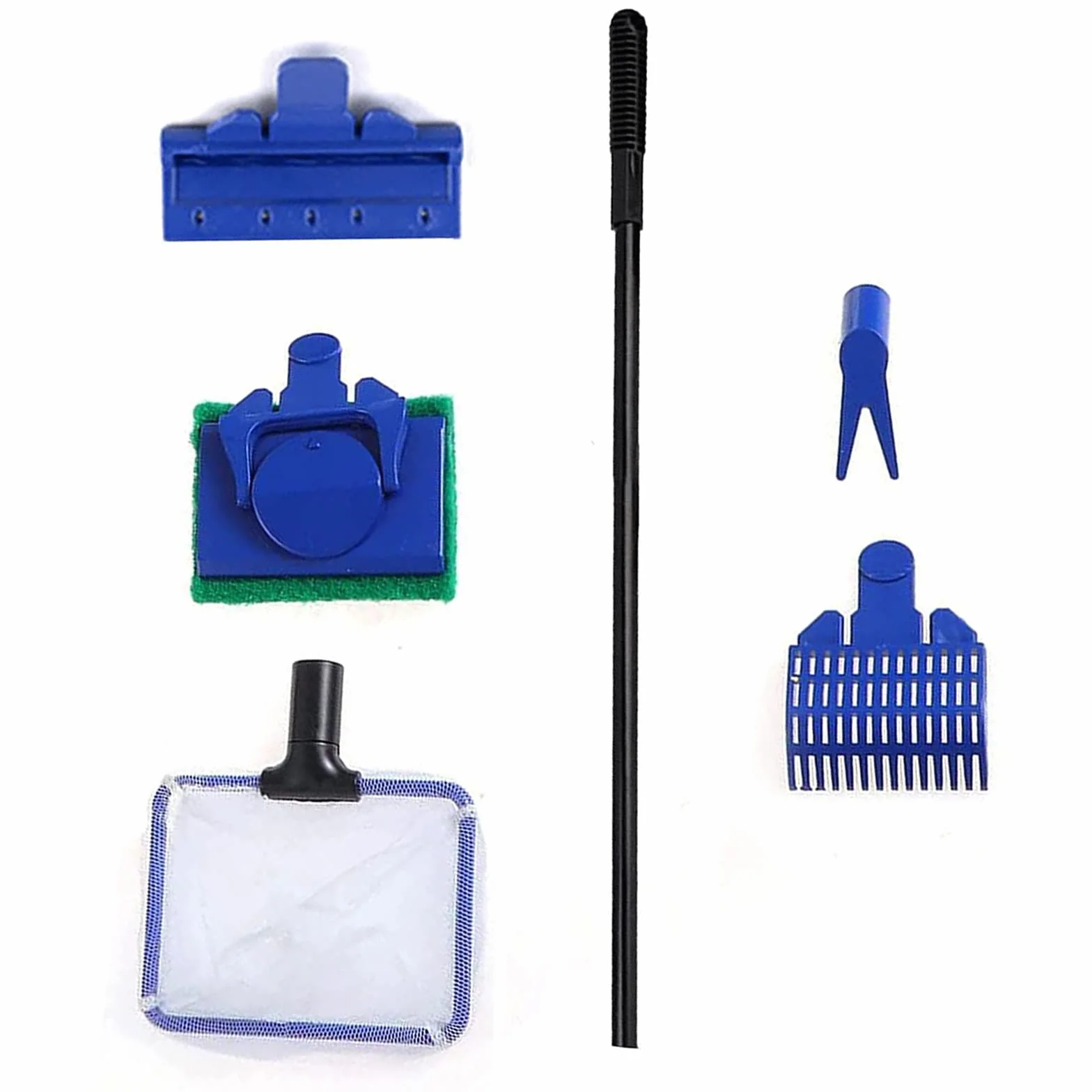 Kit Nettoyage Aquarium 5 en 1 Brosse Vitre Outils Nettoyage Algues Éponge Épuisette Râteau Gravier Grattoir Algues Fourchette Plante