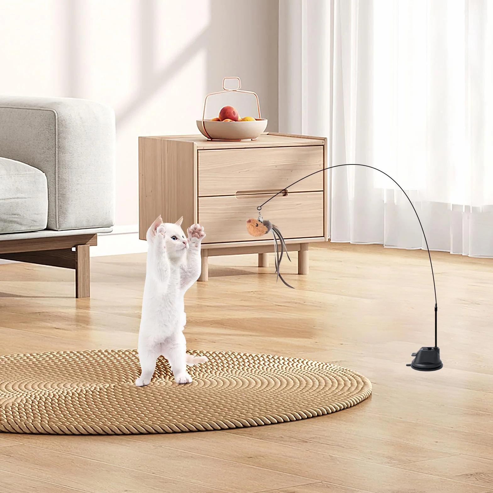 Jouet Chat Interactif 4 Pièces avec Ventouse, Canne à Pêche Chat avec 2 Oiseaux à Clochettes