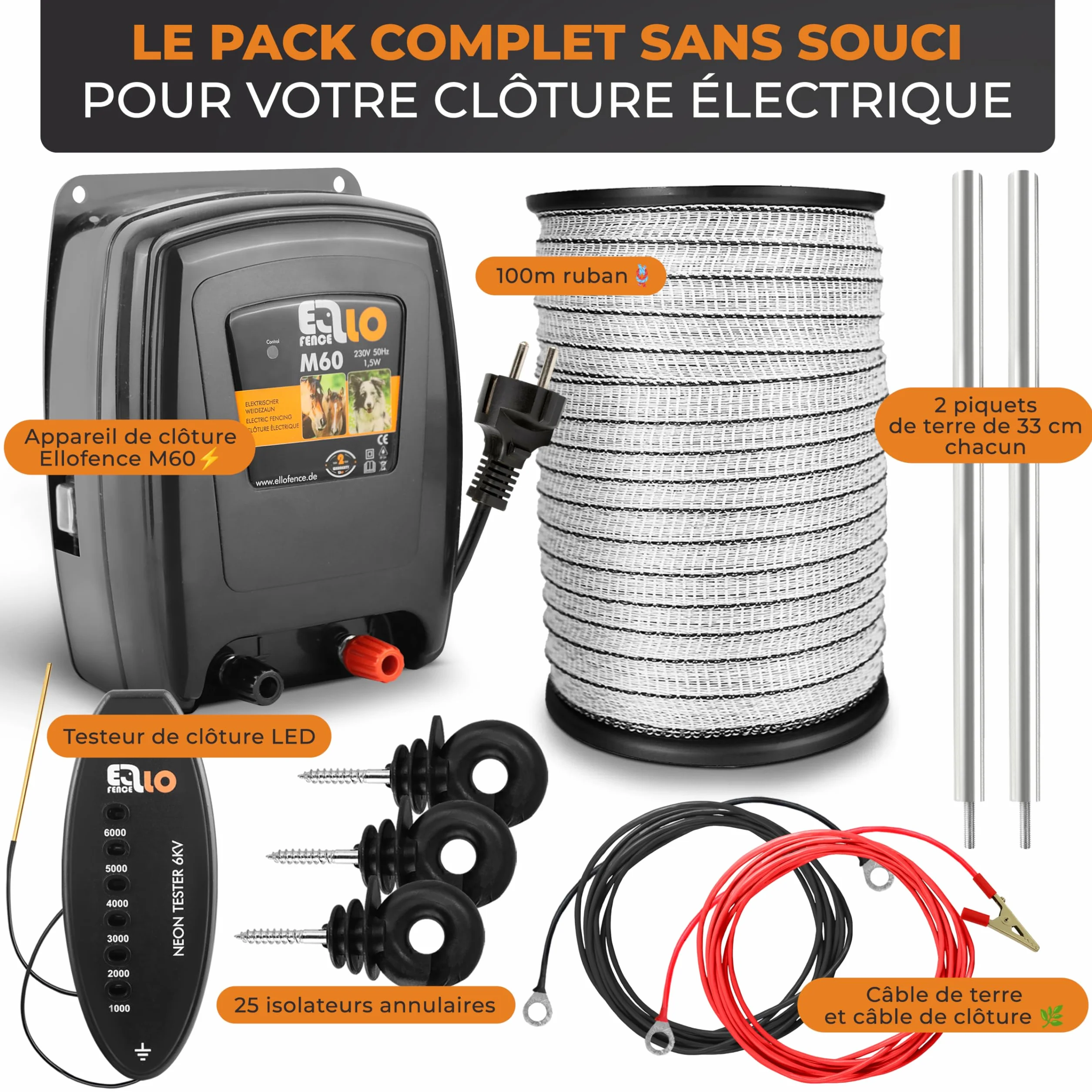 Kit de démarrage clôture électrique M – Électrificateur puissant avec ruban 200 m, 10 piquets, isolateurs & mise à la terre