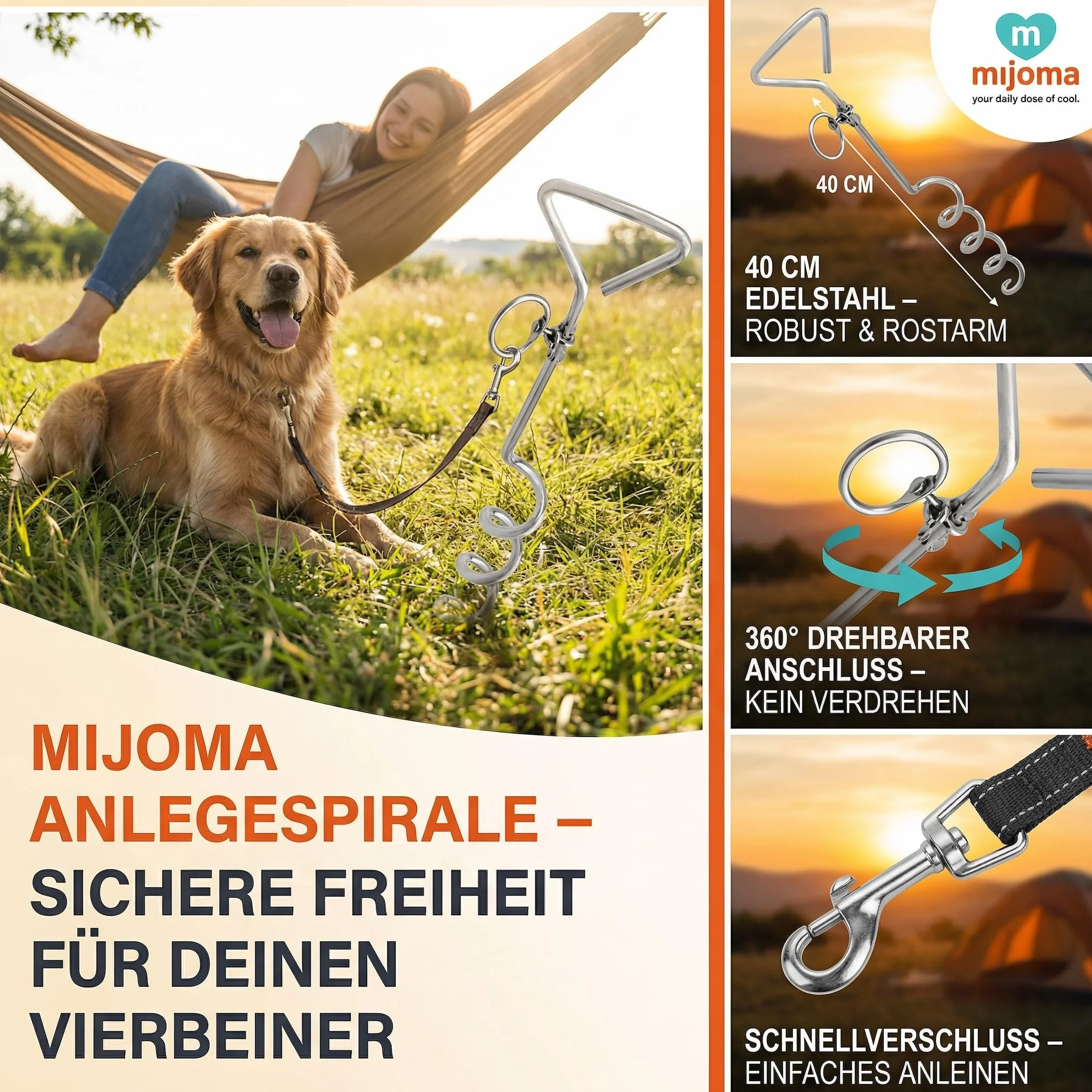 MIJOMA Spirale d'insertion pour chien - Ancrage rotatif avec mousqueton - Acier inoxydable - Ancrage au sol - Jardin Camping