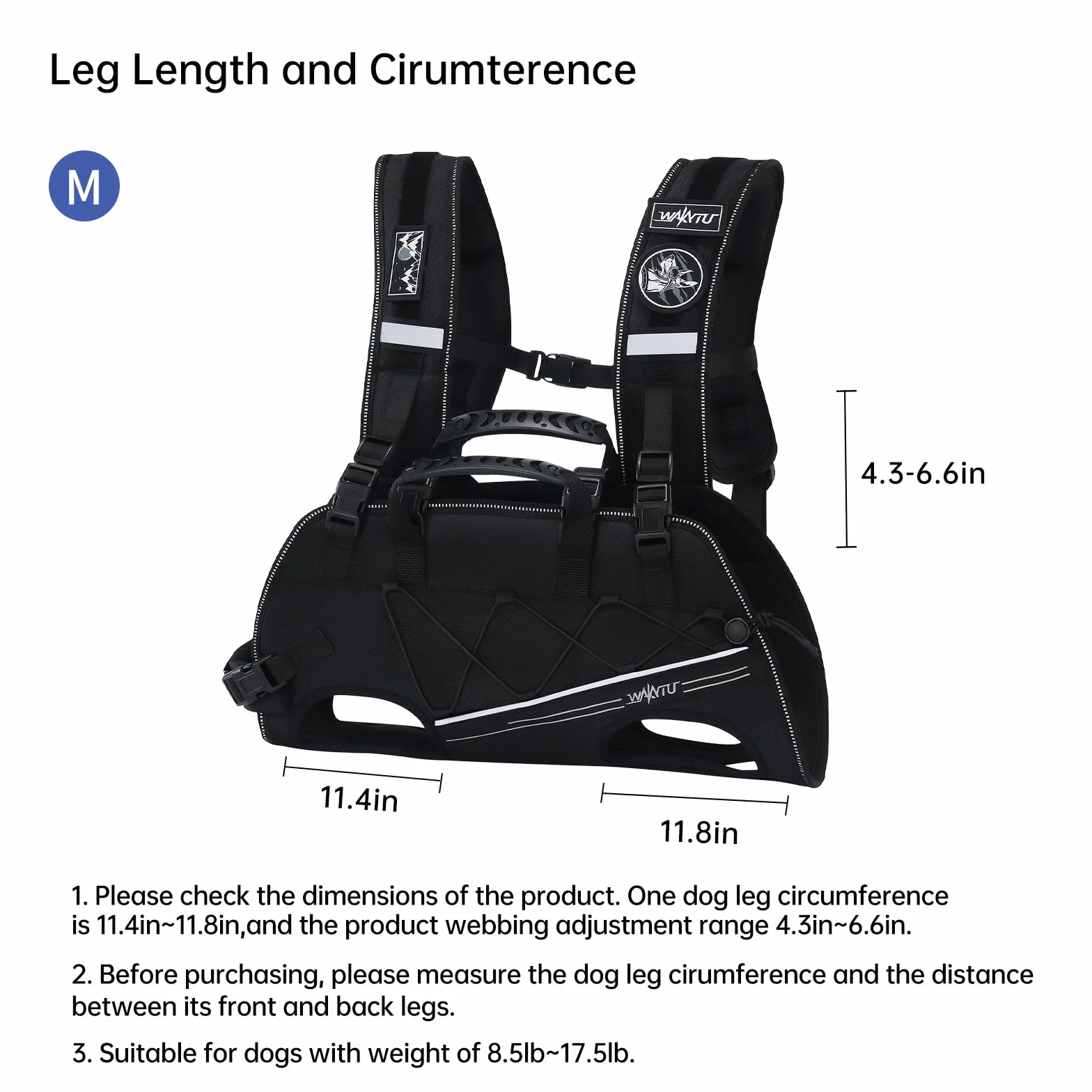 Wakytu Sac à dos pour chien sangle transport bretelles réglables rembourrées respirantes pour chiens handicapés taille M 4-8 kg