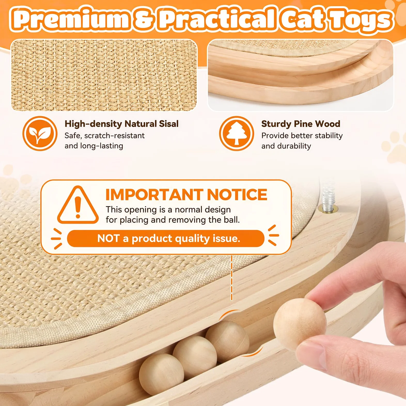 Griffoir pour Chat en Sisal Naturel Jouet Interactif pour Chaton | Tapis Grattoir avec Piste à Balle et 3 Jouets en Peluche, Chasser et Griffer, Griffoir Rond en Bois pour Intérieur