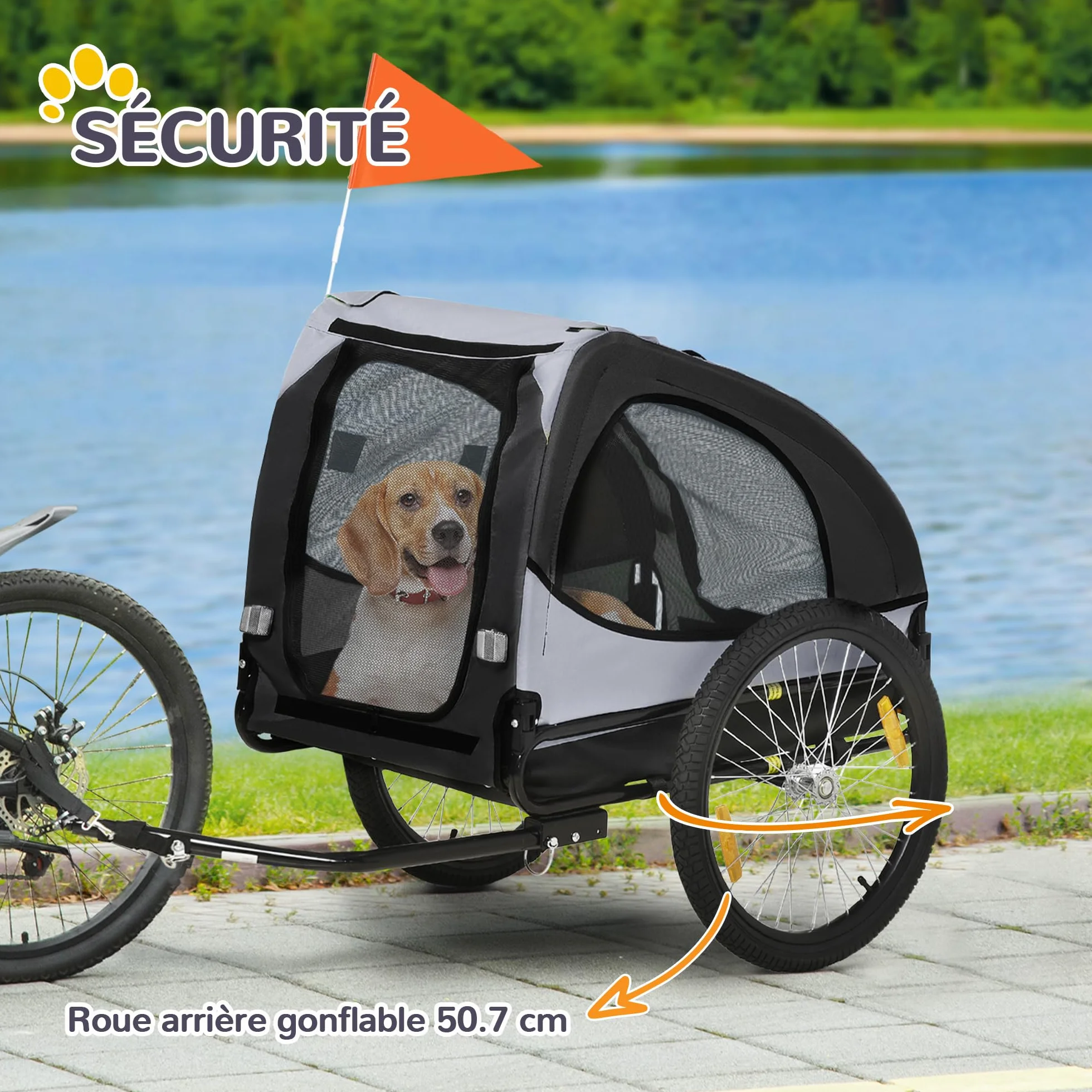 PawHut Remorque vélo Chien avec pneus 20 Pouces - Chariot pour Chien Moyen avec Structure en Acier et Mailles renforcées - Transport Animaux pour VTT et Balade extérieur