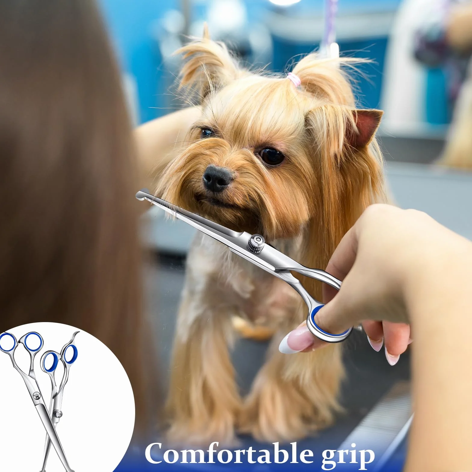 Ciseaux de Toilettage pour Chiens, Acier Inoxydable avec Pointe Ronde de Sécurité, y Ciseaux à Effiler Chien, Ciseaux Courbes Chien, Ciseaux Droits, Peigne, pour Chiens Chats
