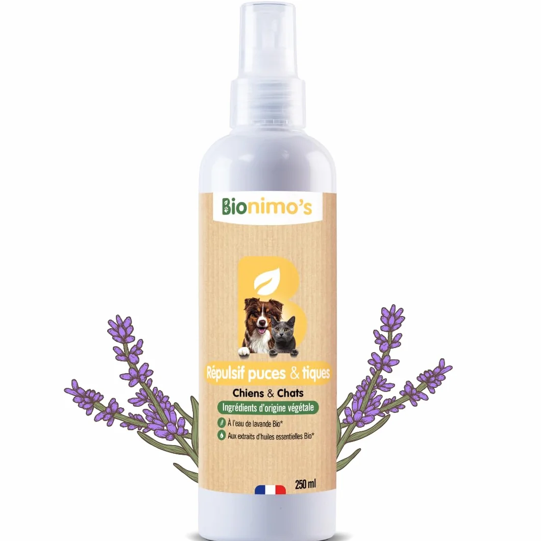 Spray Répulsif anti-Puces & Tiques Chiens & Chats Huiles Essentielles Bio 100% Français