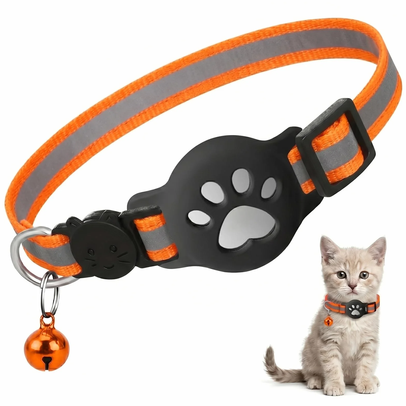 Collier Chat Support Airtag GPS Réfléchissant Extensible Orange Silicone Anti étranglement Chats Chiots