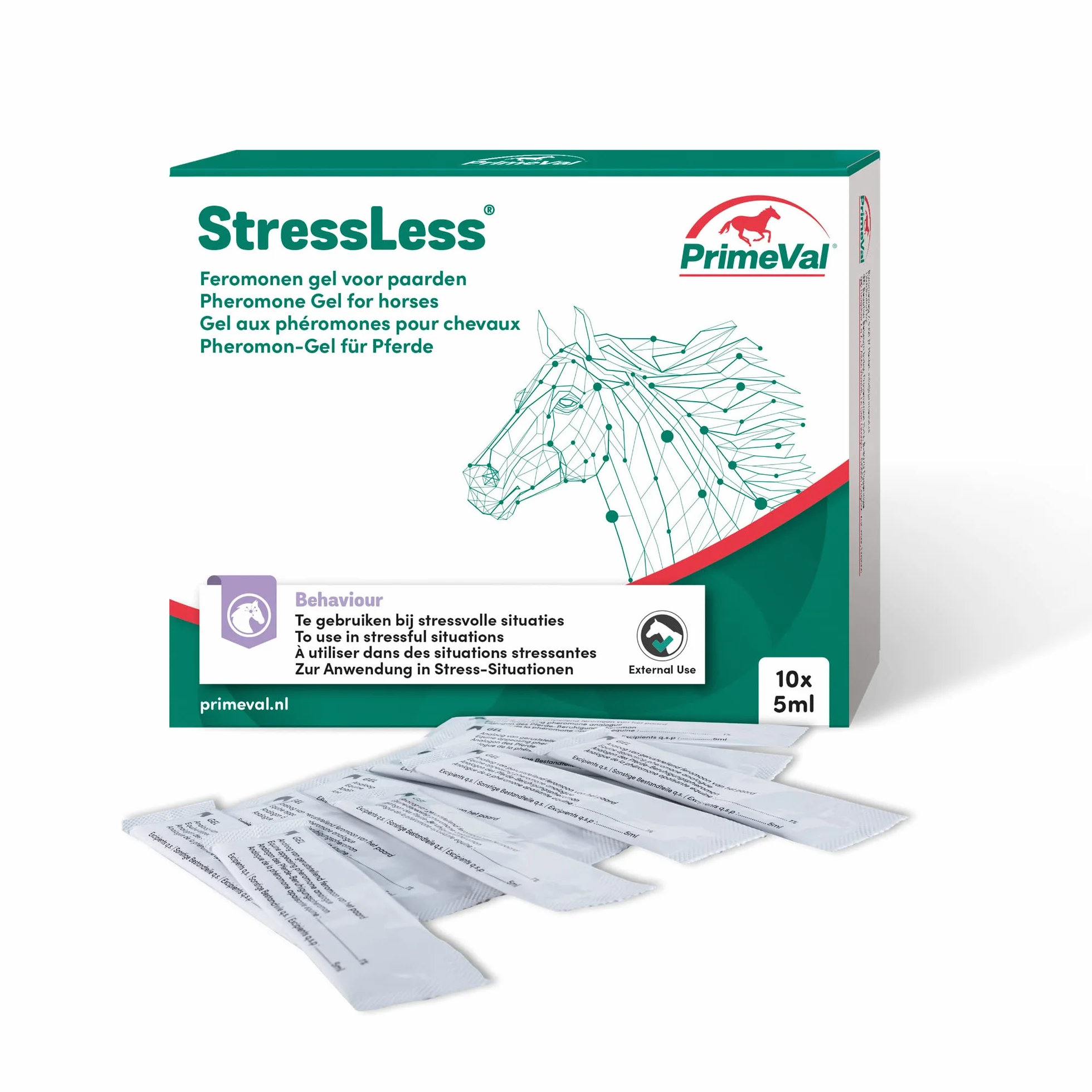PRIMEVAL StressLess – Gel apaisant aux phéromones pour Cheval – Aliment complémentaire Naturel Anti-Stress à Base de phéromone apaisante Maternelle de Jument – sans Somnolence – 10 sachets de 5 ML