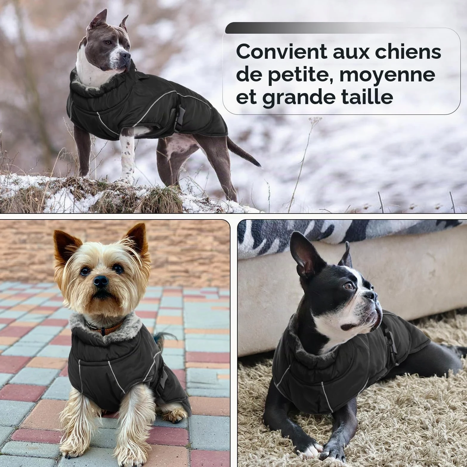 Manteau imperméable pour chien Grande veste chaude Chihuahua gilet chauffant vêtement d'hiver coupe-vent pour chiens (Noir, XL)