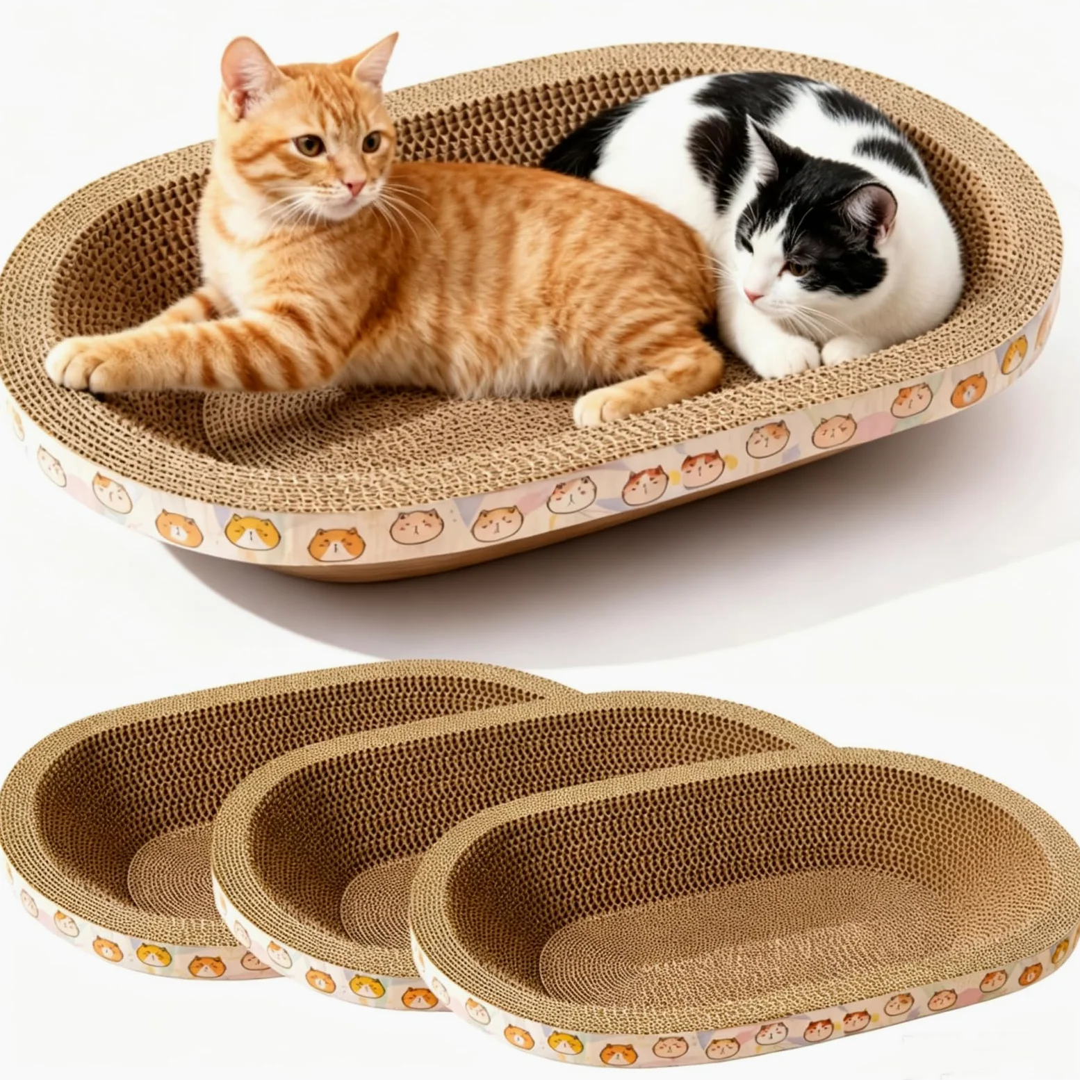 Lot de 3 Griffoirs pour Chat en Carton, Grand Panier Grattoir Ovale Tapis à Griffer d'Intérieur, Coussin Lit Bol à Gratter en Forme de Nid, Protecteur de Meubles pour l'Entretien des Griffes