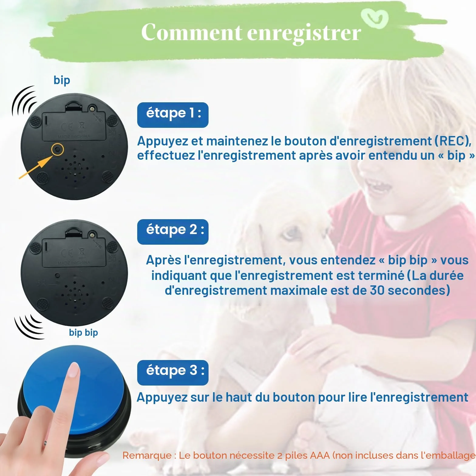 Gelabur 2 pièces Buzzer enregistrable, Buzzer Chien Communication Bouton 30 Secondes d'enregistrement, pour la Formation et Les Jeux pour Animaux de Compagnie