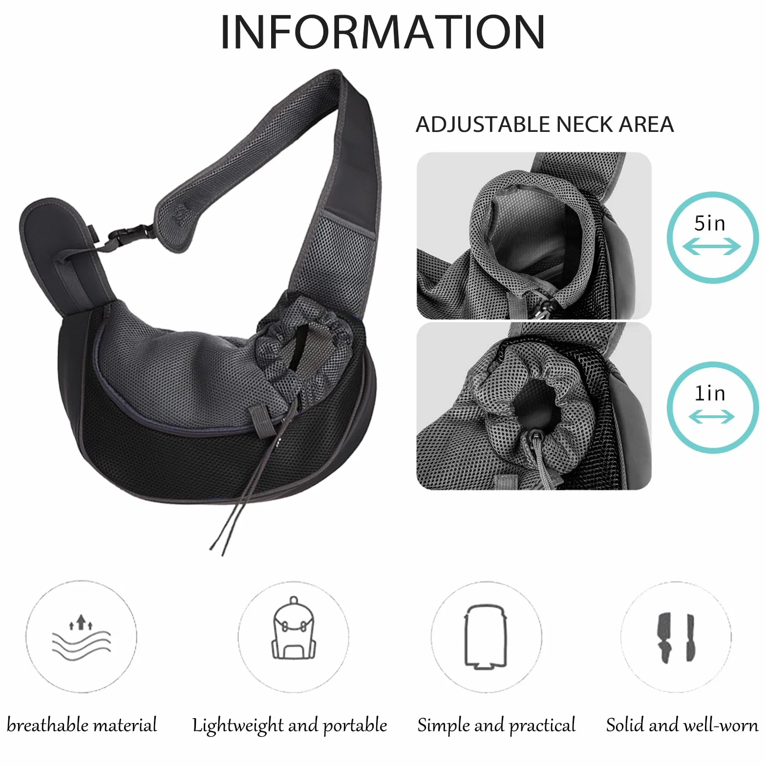 Sac de Transport pour Chien Chat Réglable Bandoulière Mains Libres Portable Animal de Compagnie Extérieur Voyages Marche Noir