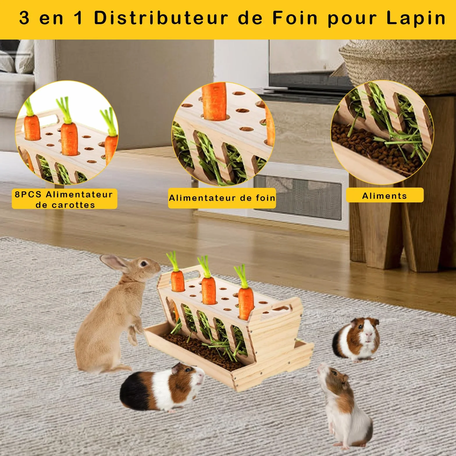 Râtelier à Foin pour Rongeurs, Distributeur en Bois Naturel Non Traité 30x22x18 cm pour Lapins et Cochons d'Inde