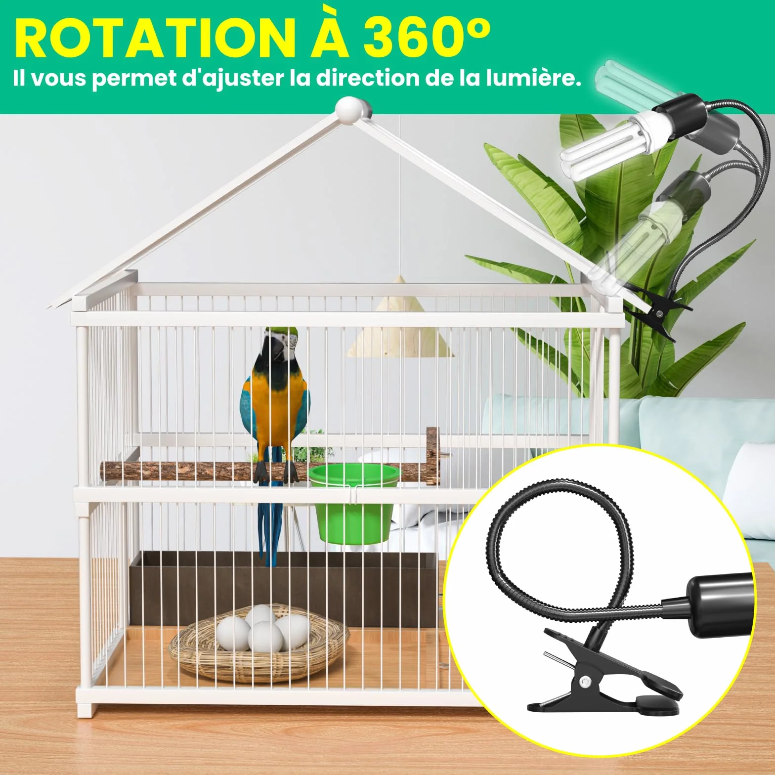 GlowUp UVB 2.4 Kit Complet d'éclairage pour Oiseaux, Lampe à Pince E27 20W
