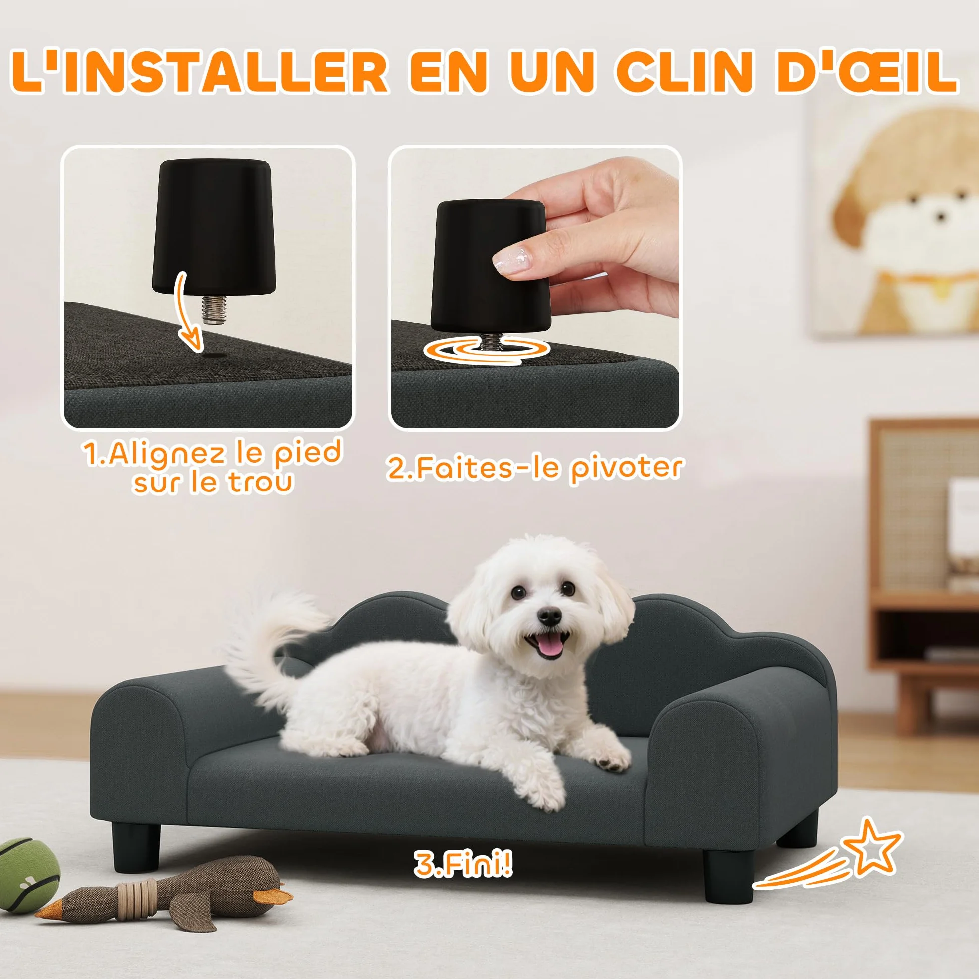 PawHut Canapé pour Chien avec Dossier et Accoudoirs, Respirant, 66 x 42 x 28,5 cm, Gris foncé