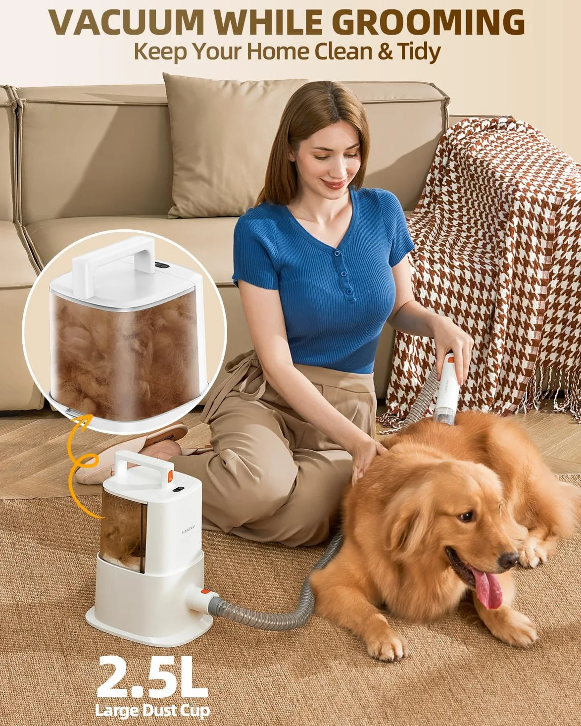 Kit aspirateur de toilettage pour chiens et chats à poils longs avec aspirateur silencieux et poubelle de grande capacité pour chiens et chats à poils longs avec 6 accessoires (ivoire)