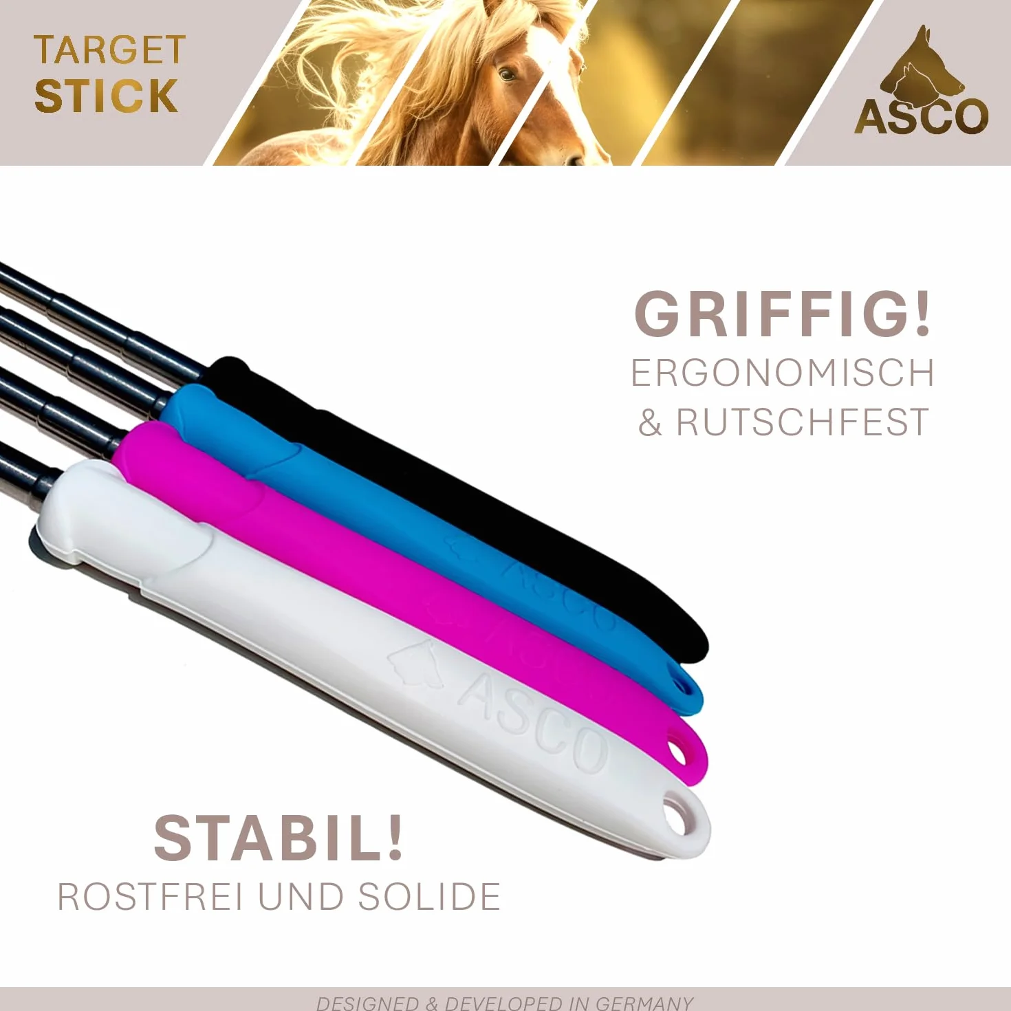 ASCO Target Stick avec Bracelet Extensible pour Chiens, Chats, Chevaux, Dressage et éducation au cliquet, Cible en Acier Inoxydable, Fonction télescopique 17-73 cm, Noir AC01TS