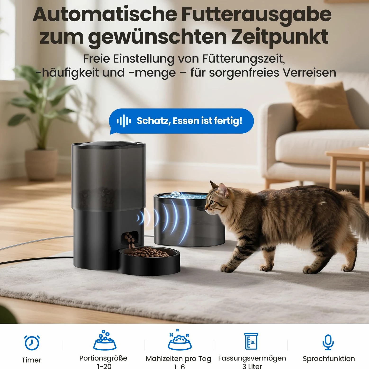 Distributeur automatique de nourriture pour chats 3 litres, 2,5 L, dispositif d'alimentation à distance contrôlé par application silencieuse avec 10 repas par jour, design anti-obstruction, idéal pour