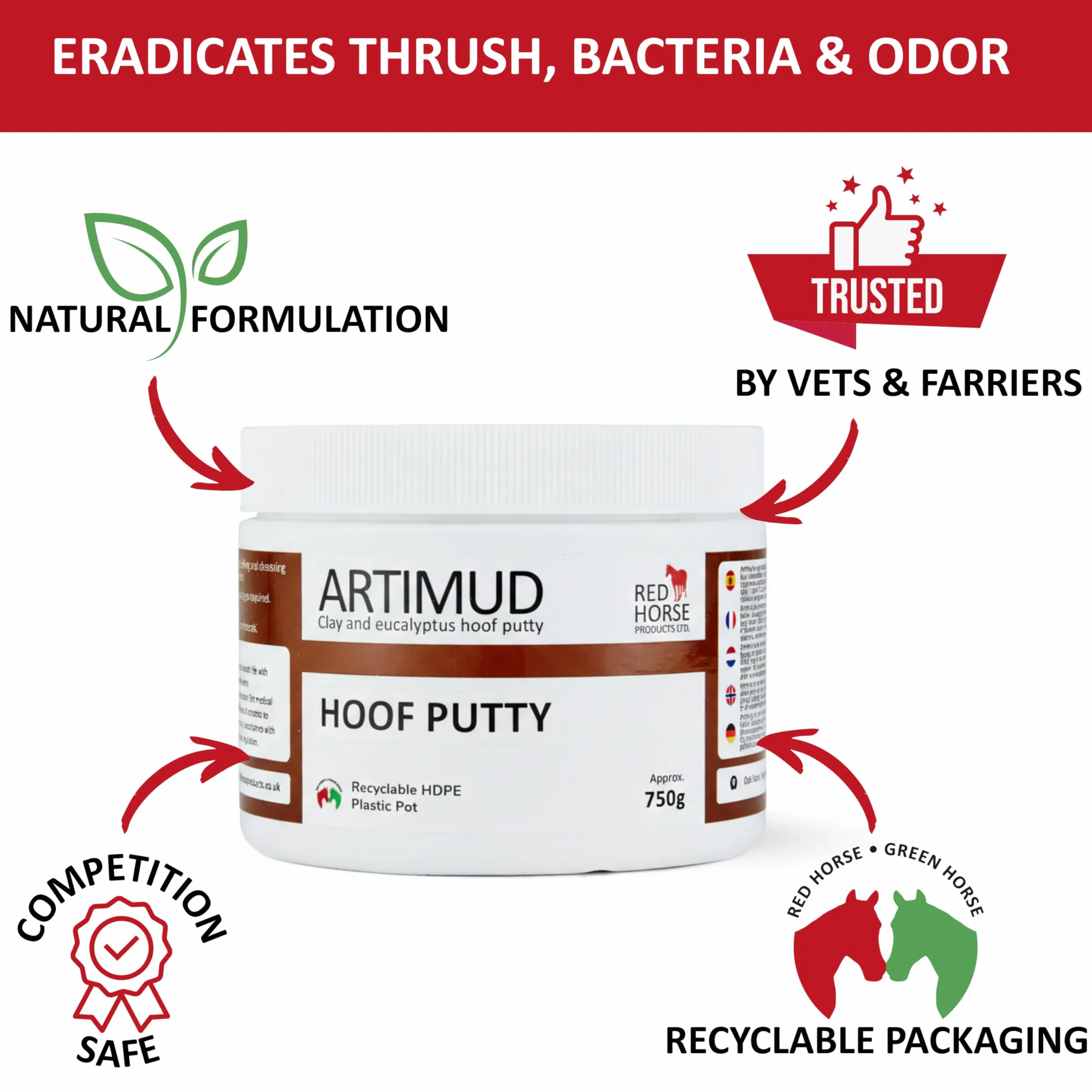 Artimud – Mastic pour sabot de cheval | Traitement du muguet | 750 g | Argile de sabot de cheval à l'eucalyptus | Protection de grenouille équine et de la semelle | Red Horse Products | Boue naturelle