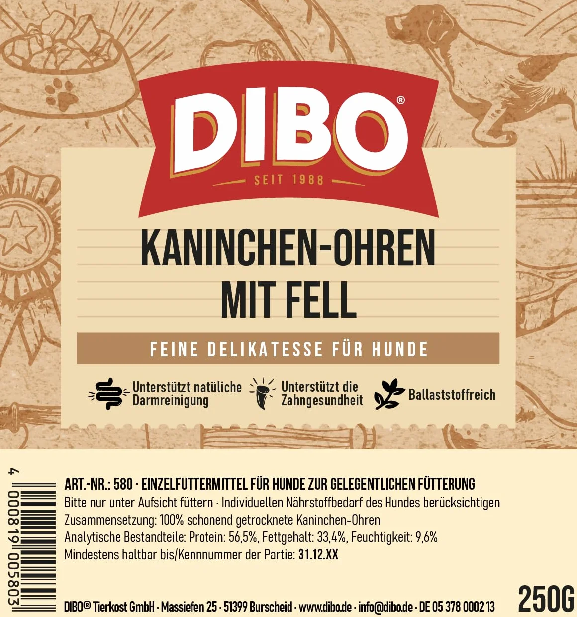 DIBO Oreilles de Lapin avec Fourrure, Sachet de 250 g – Friandise à mâcher Naturelle 100% séchée en Douceur pour Chien, Nettoyage Naturel du côlon, friandises Naturelles et adaptées à l'espèce