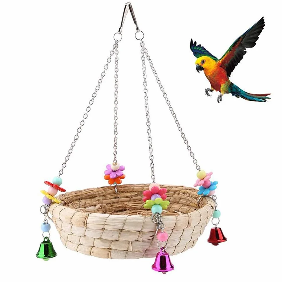 Nid d'Oiseau de Perroquet, Balançoire en Paille Tissée à la Main avec 4 Cloches en Métal