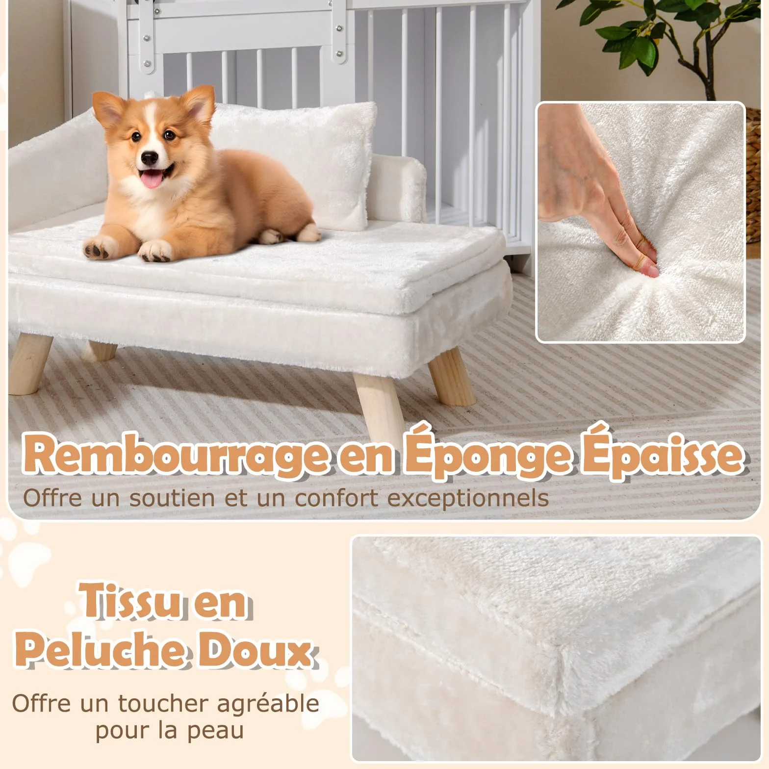 COSTWAY Canapé Lit pour Chien Chat 30/50 kg, Oreiller Coussin Amovibles, Pieds Bois, Panier Chien Chat Moyens Petits, Dossier Haut, Beige 71x43x40 cm