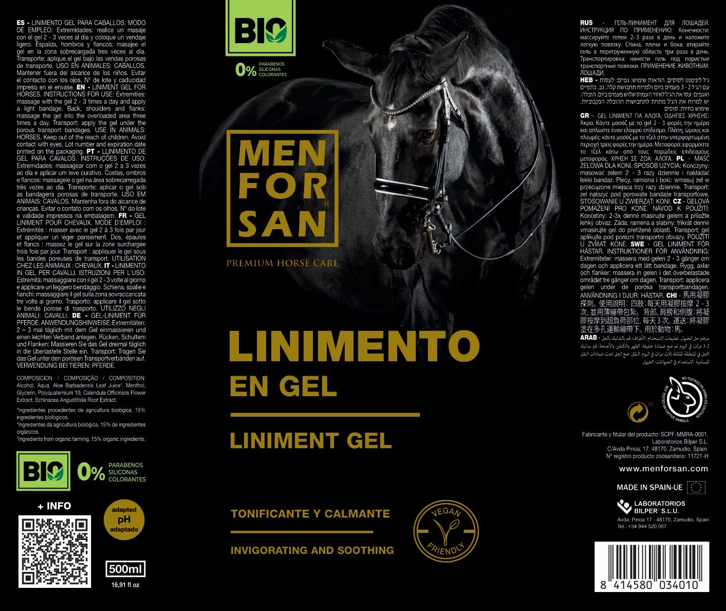 MENFORSAN Gel Liniment pour Chevaux 500ml Apaise Muscles Vegan Natural Premium Horse Care