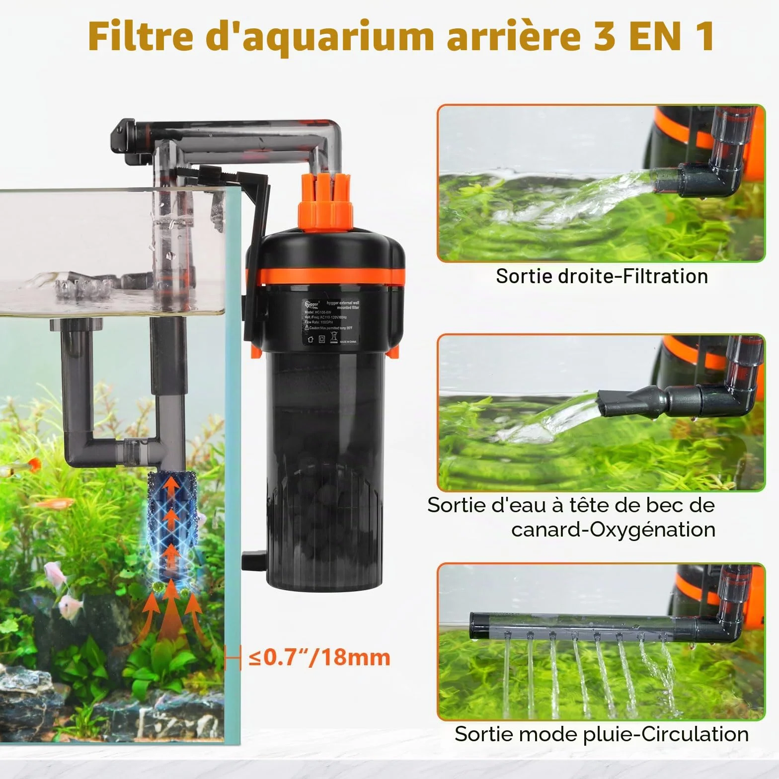 hygger Filtre Aquarium 680L/H 8W Silencieux pour Réservoir 150-225L