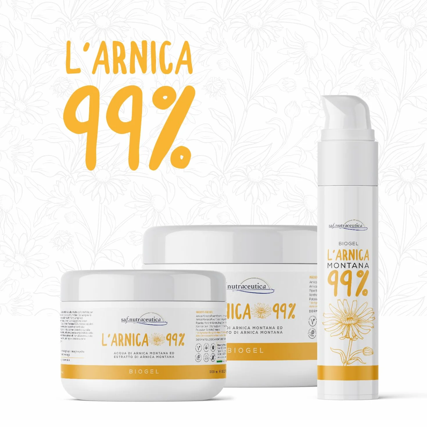 Saf.Nutraceutica - Arnica 99% pour Chevaux Usage Humain Biogel Extra Fort, à Action Rapide, 99% Naturel, Super Concentré avec Trois Extraits d'Arnica Montana, Testé Dermatologiquement, 100 ml
