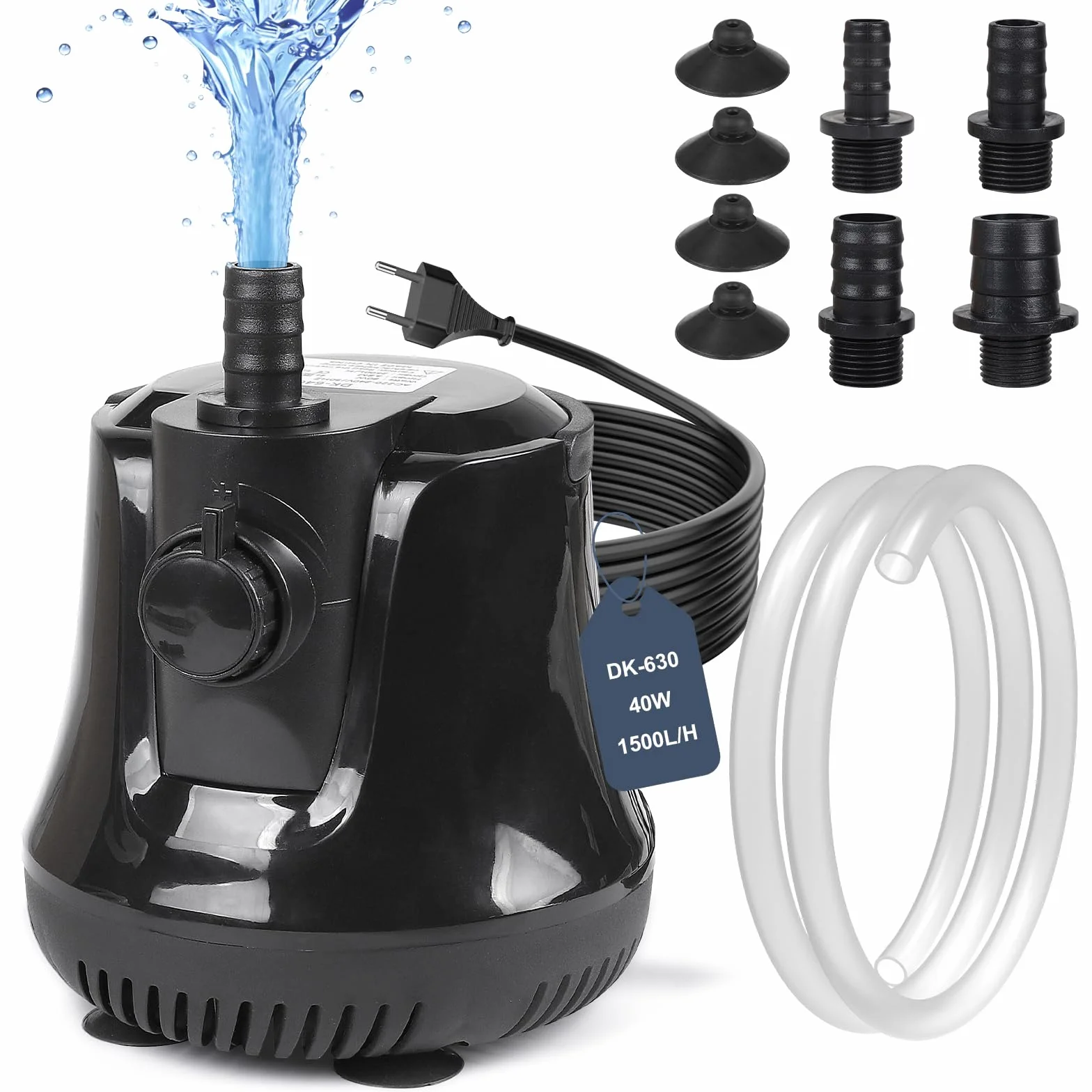 EFUTURETIME Pompe à Eau Submersible 40W 1500 L/H Silencieux avec Interrupteur Réglable 4 Buses 1,6M Tuyau pour Bassin