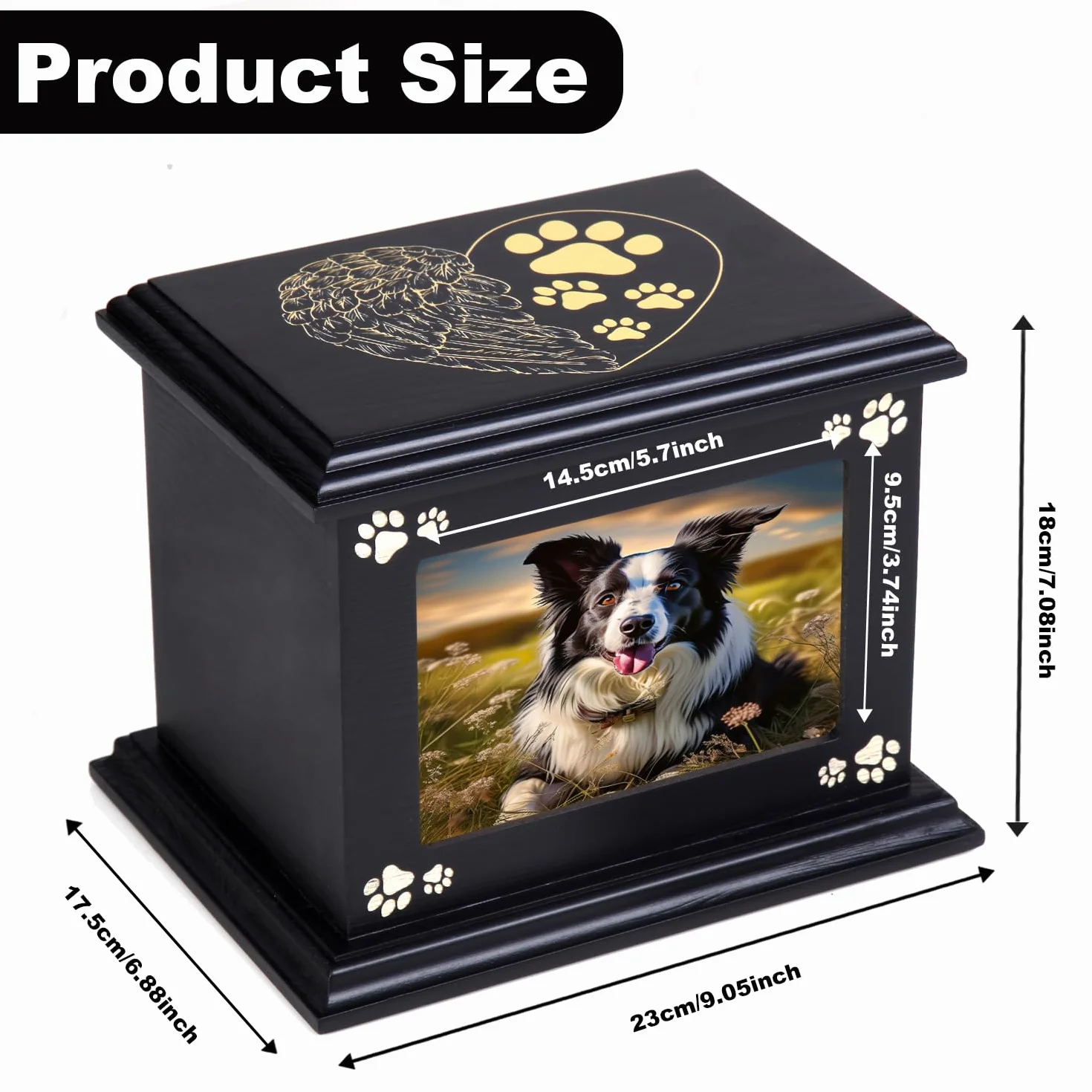 Urne funéraire en bois pour animaux de compagnie Doggy Memorial 40 avec cadre photo noir