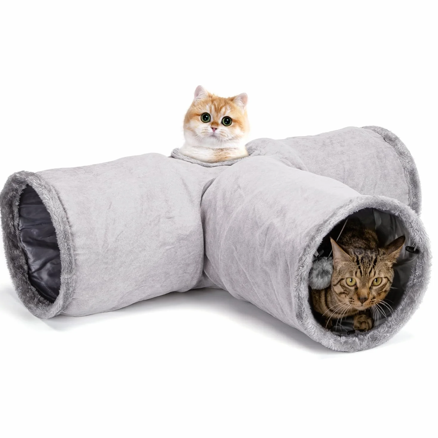 Nobleza Jouet Tunnel pour Chat avec 3 Voies, Tunnel en Daim pour Chats avec 1 Trou et Balle Suspendue, Tunnels Pliable pour Petits Animaux Lapin Cobaye Chats, Gris
