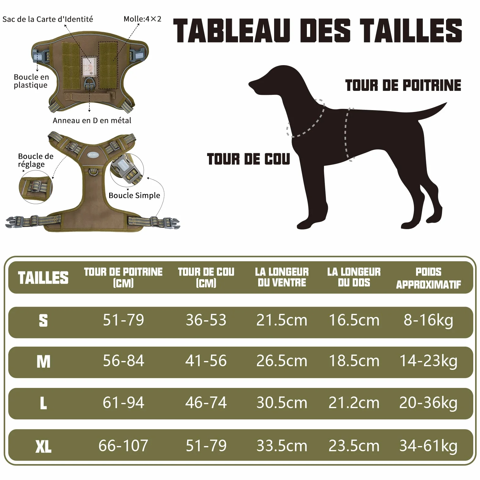 Harnais de Chien Anti Traction Tactique Respirant Réglable Taille L Brun Vert
