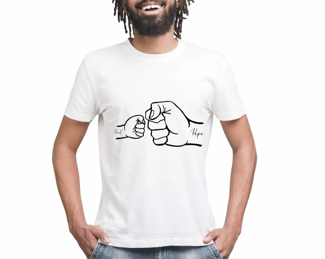 T-shirt Blanc Papa Poing Enfants Imprimés Personnalisé Prénoms Fête des Pères S M L XL XXL