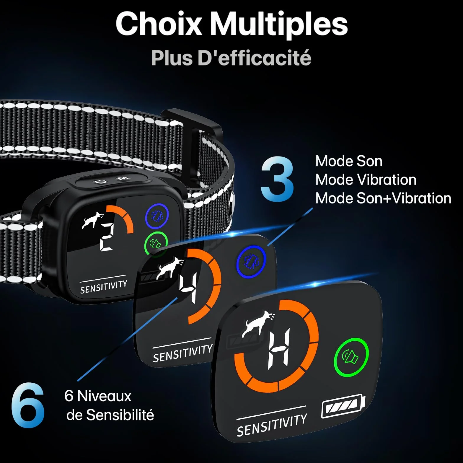 Collier Anti Aboiement Chien IP67 Rechargeable Son Vibration Forte Détection Intelligente Noir