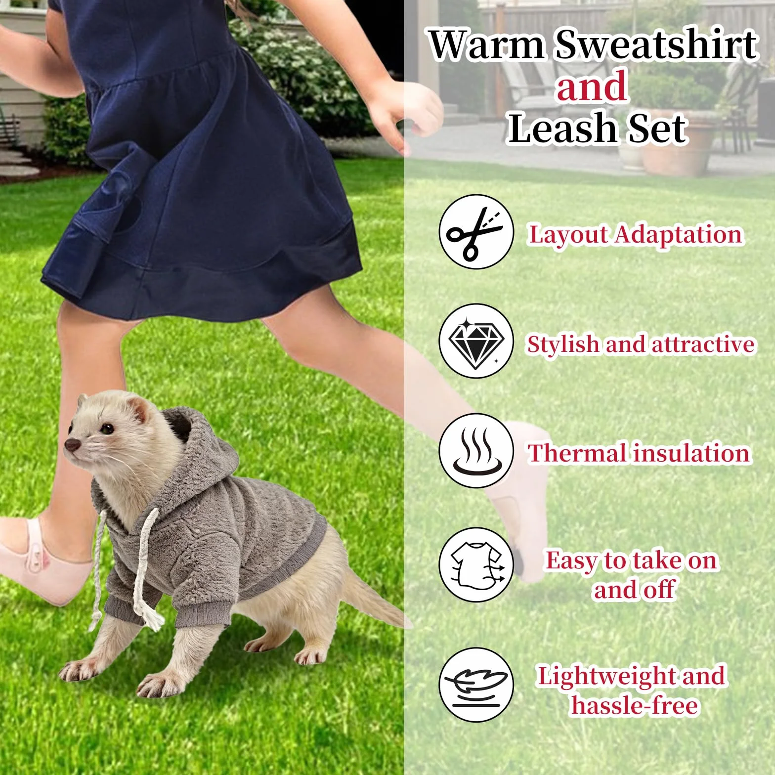 Ensemble vêtements et laisse pour furet, pull à capuche chaud avec harnais et laisse pour la promenade en plein air, vêtement confortable pour furets, chinchillas, petits animaux de compagnie, tenue