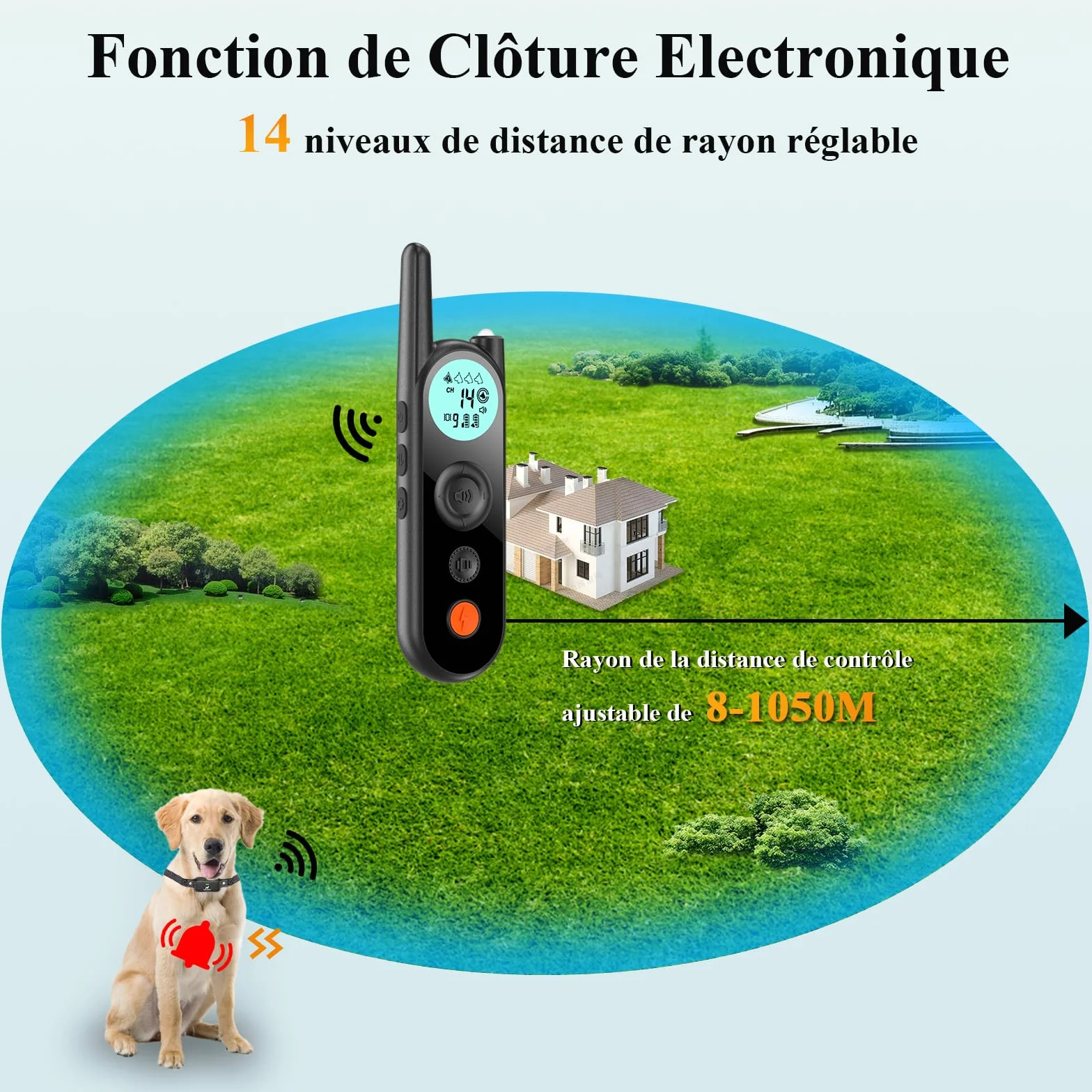 Clôture Électronique pour Chien 14 Niveaux Distance 8-1050m IPX7 Résistant à l'Eau