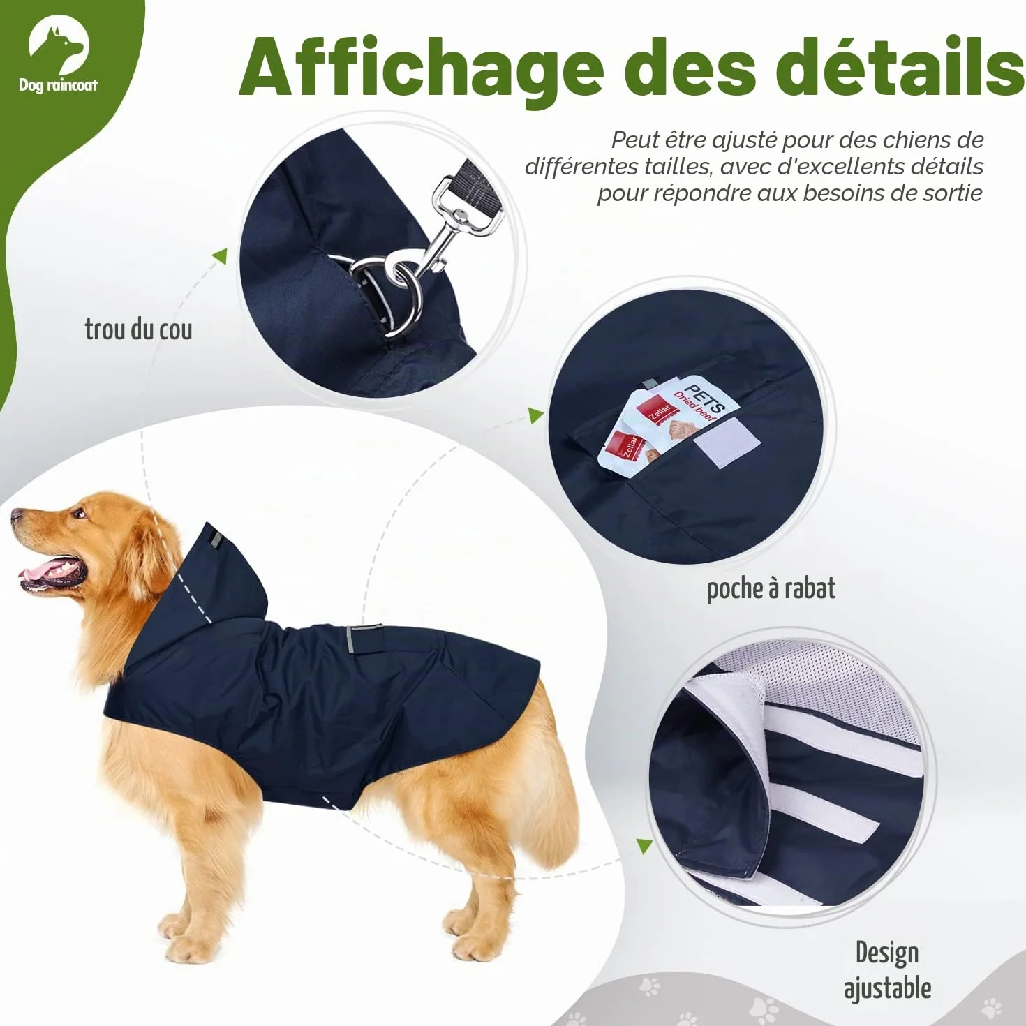 Imperméable pour Chien Zellar avec Capuchon, imperméable pour Chien 100% étanche ultraléger et aéré avec Bandes réfléchissantes pour Chiens Moyens à Grands(5XL, Bleu)