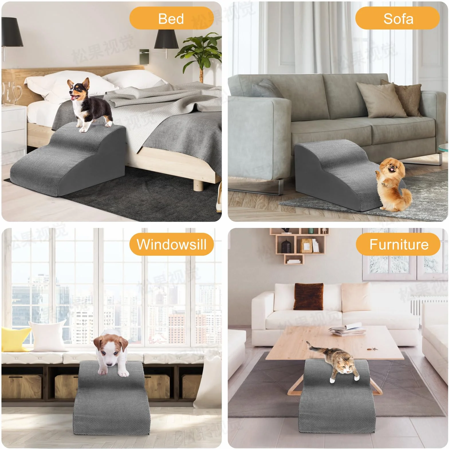 Lannvan Escalier pour Chien 3 Marches - Escaliers Animaux Éponge Canapé Lit - Rampe Chien Chat Housse Tissu Amovible Lavable - Gris