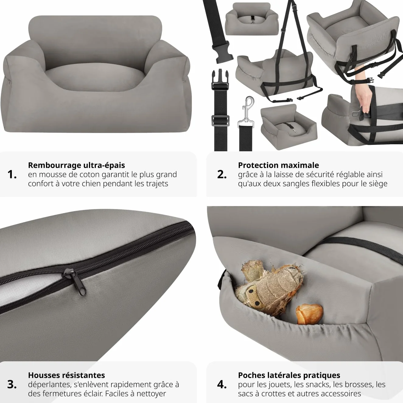 Tectake Siège Auto pour Chien Panier Déhoussable Imperméable Protection Voiture Avant Arrière Ceinture Lit Chien