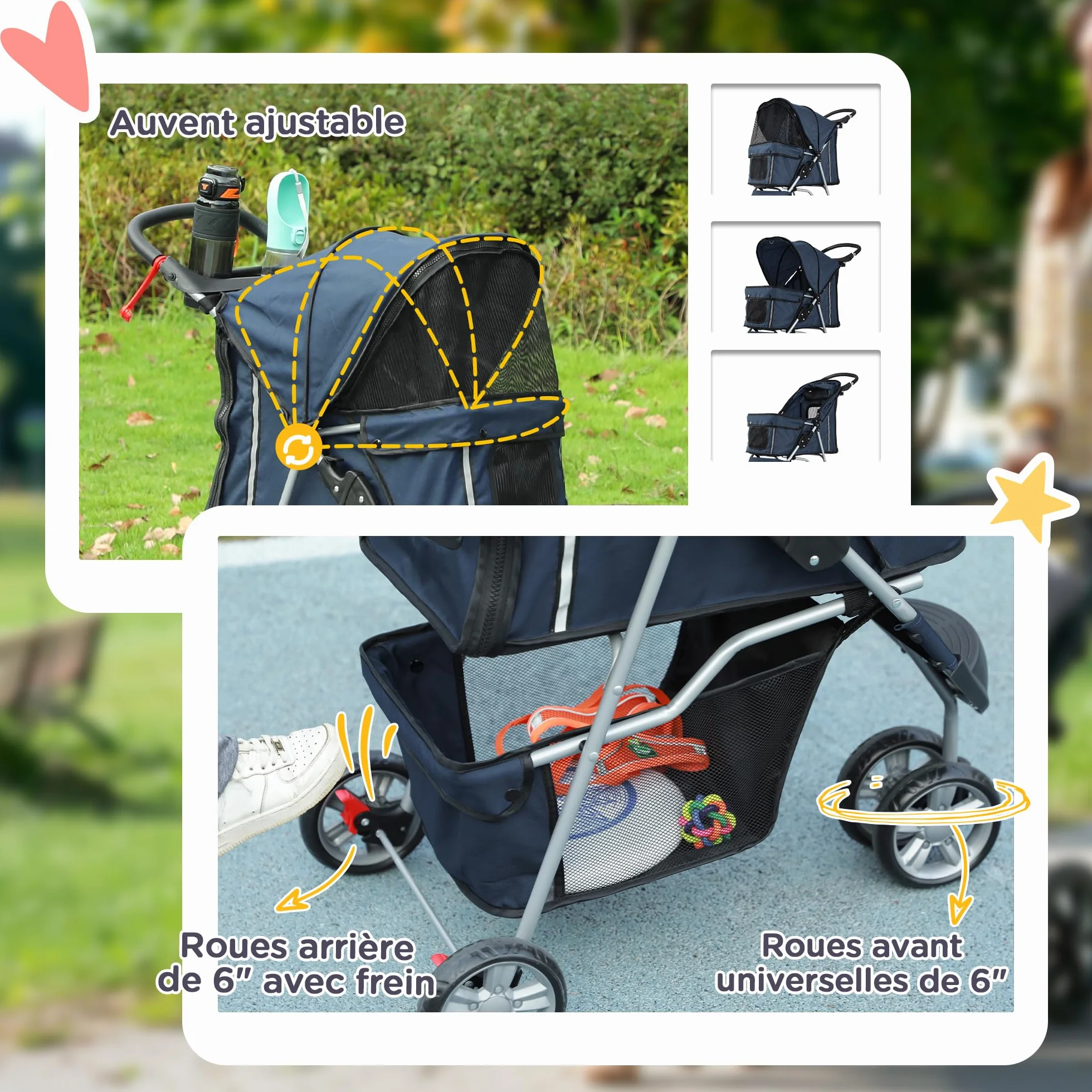 PawHut Poussette Buggy Pliable Animaux Chien Chat, Chariot Pliant avec Porte-Gobelet Panier Roues Frein, Tissu 600D Oxford, 75x45x97 cm Bleu Foncé