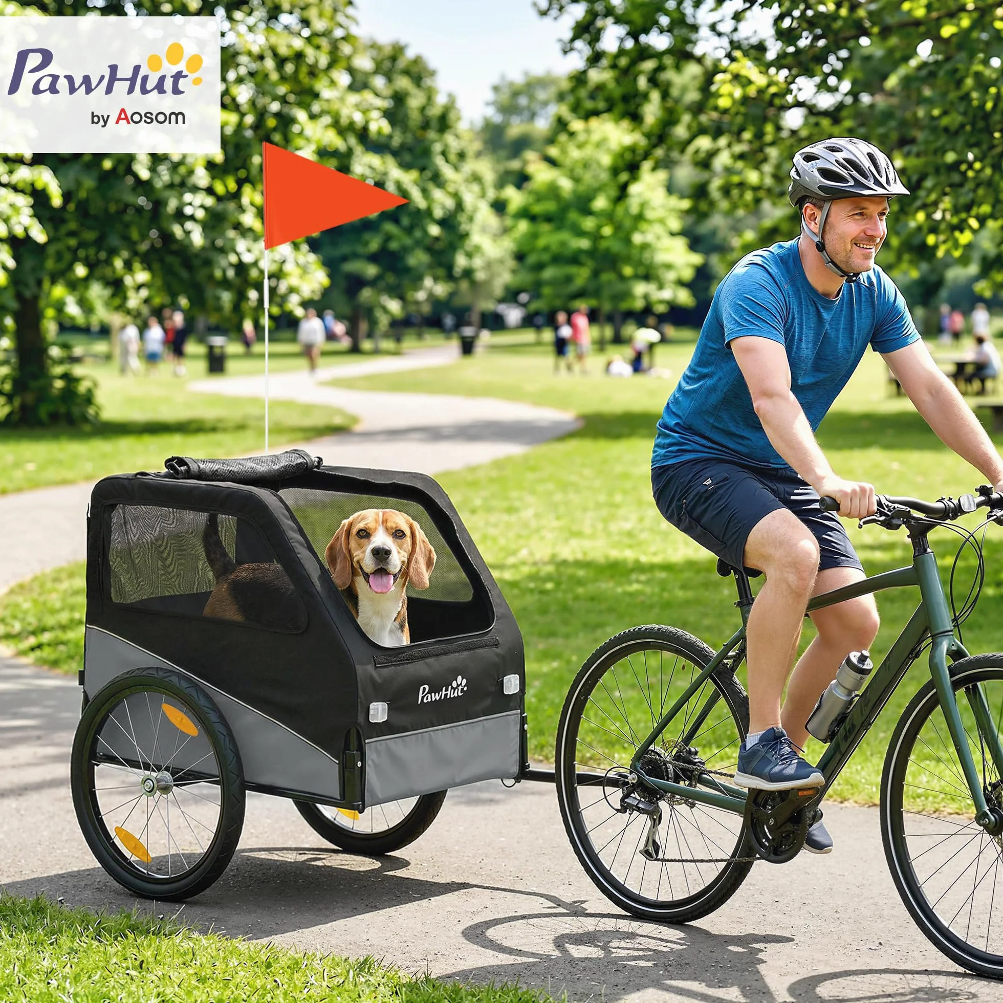 PawHut Remorque Vélo Chien avec Pneus 20" en Caoutchouc à Dégagement Rapide, Chariot pour Chien Moyen avec Attache Universelle, Réflecteurs, Drapeau, Laisse, Charge 20 kg, Gris et Noir