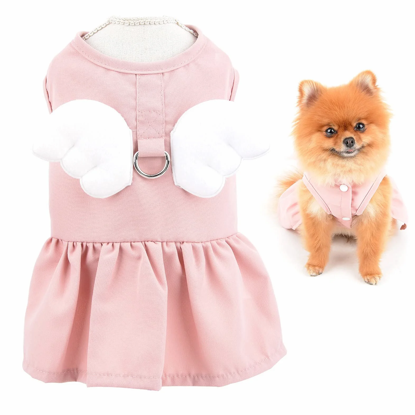 Angel Wing Robe Harnais et Laisse pour Chien et Chat, Robe d'été avec Anneau en D, Jupe pour Chiot, Vêtements Printemps-été pour Yorkshire Chihuahua, Rose, XS