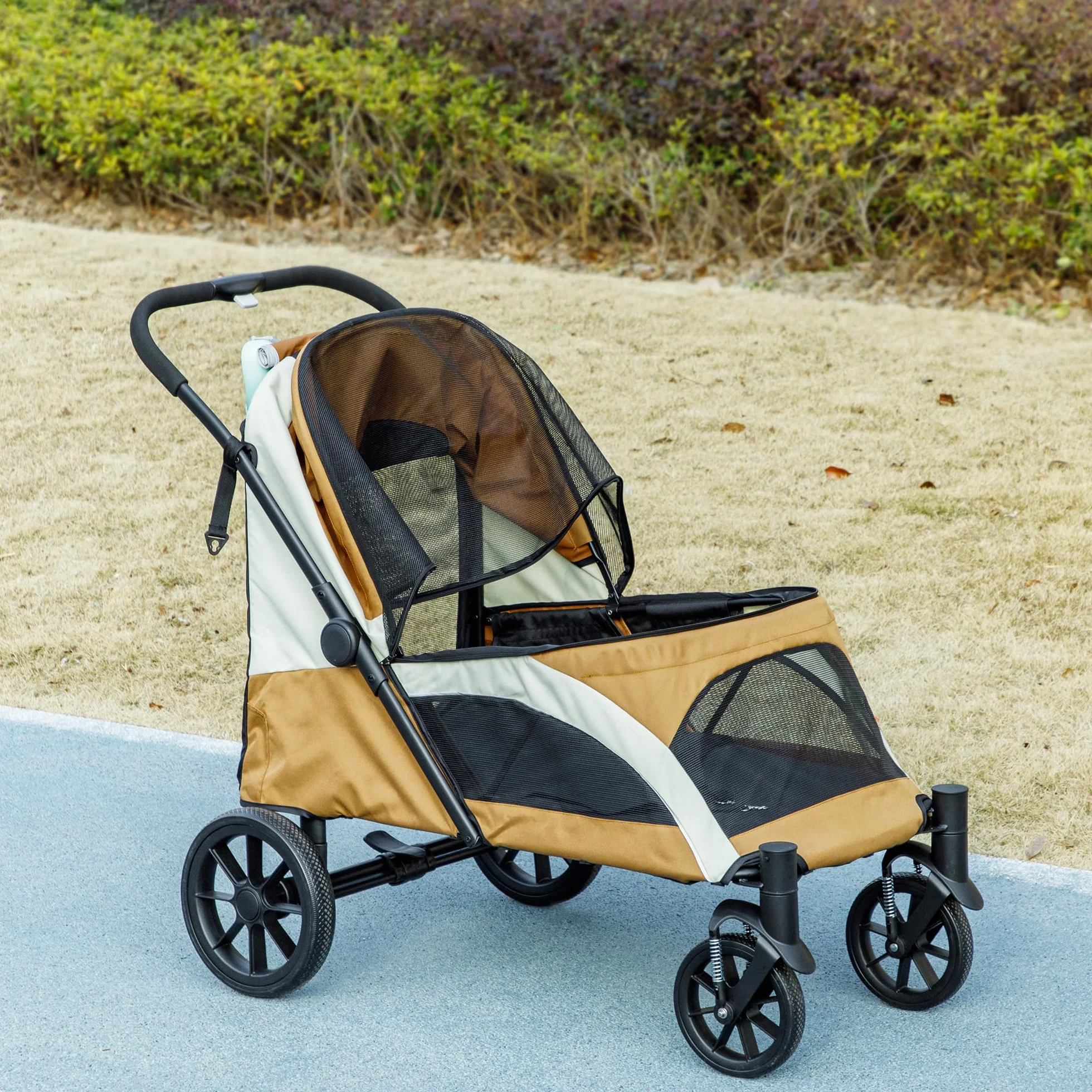 PawHut Poussette pliable pour chiens et chats jusqu'à 30 kg avec coussin et sac de rangement Marron