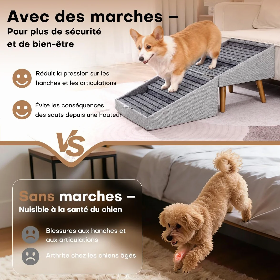 Escalier pour Chiens et Chats 2 en 1, 4 Marches Rampe Antidérapant pour Canapé Lit, Gris Clair 43,5 cm