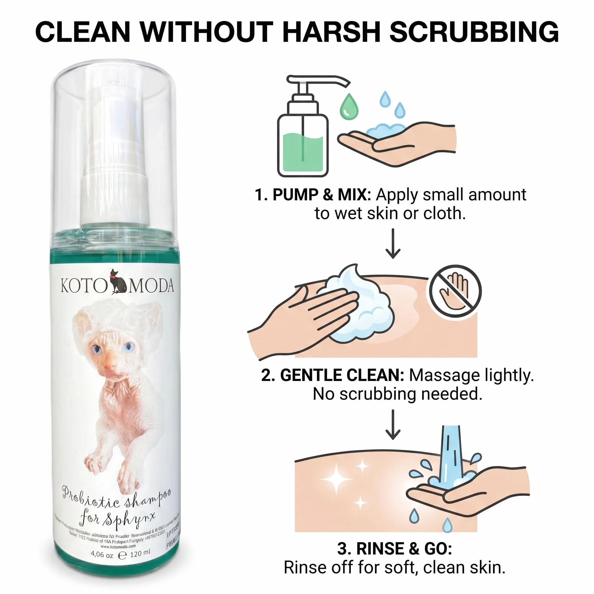 Shampooing Probiotique pour Chats Sphynx 120 ml Nettoyant Doux pH équilibré Peaux Sensibles