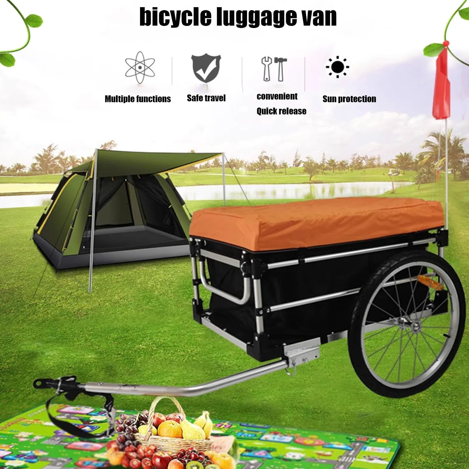 Remorque de vélo pour le camping et les aventures tout-terrain, design pliable pour un rangement et un transport faciles, compatible avec les vélos électriques
